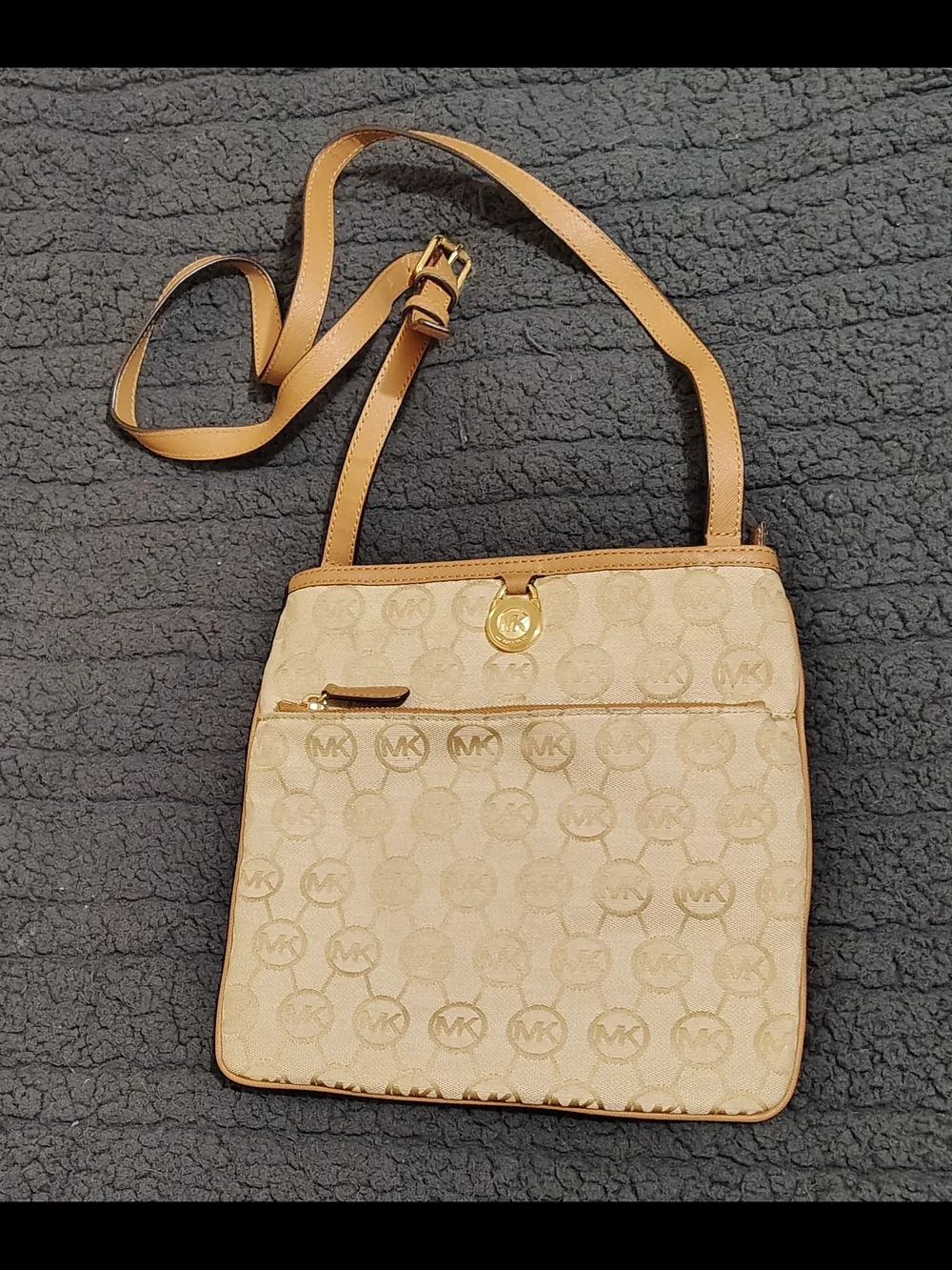 Michael Kors Beige Signature Crossbody with Tan Trim